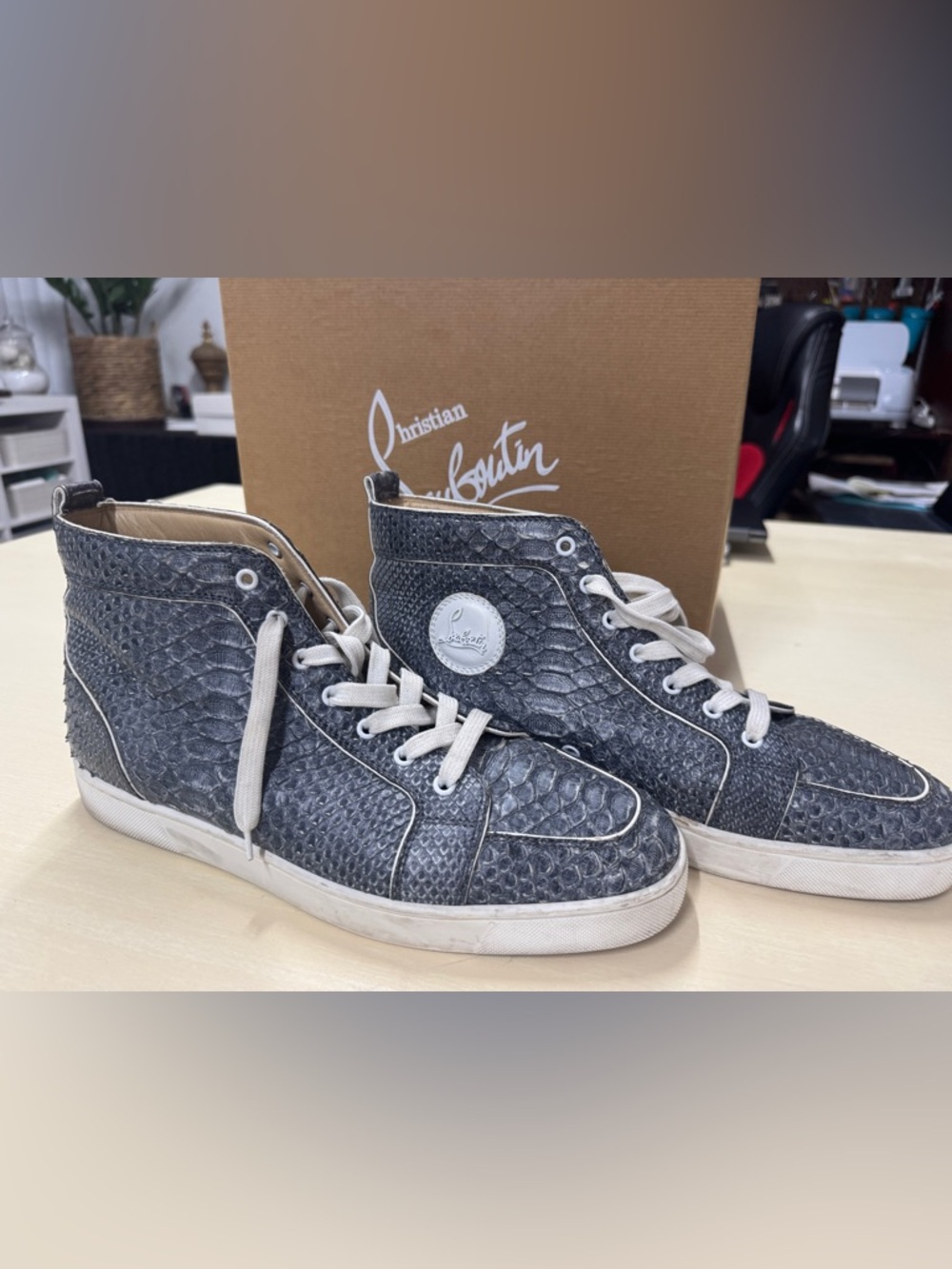 Christian Louboutin denim Blue python Snake-Embossed High-Top Sneakers 46 EU 13